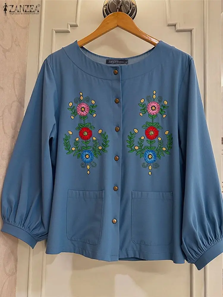 ZANZEA ファッション刺繍シャツ女性長袖ブラウス 2025 秋ポケット印刷カジュアルチュニックトップスエレガントなデニム Blusas
