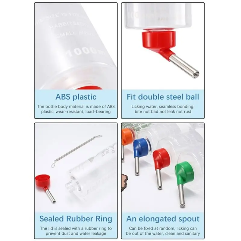 Картина 3: LICE-Pet Supplies - Пластиковая бутылка-поилка для кроликов, 4 шт., 1000 мл, подвесная поилка для морских свинок и белок