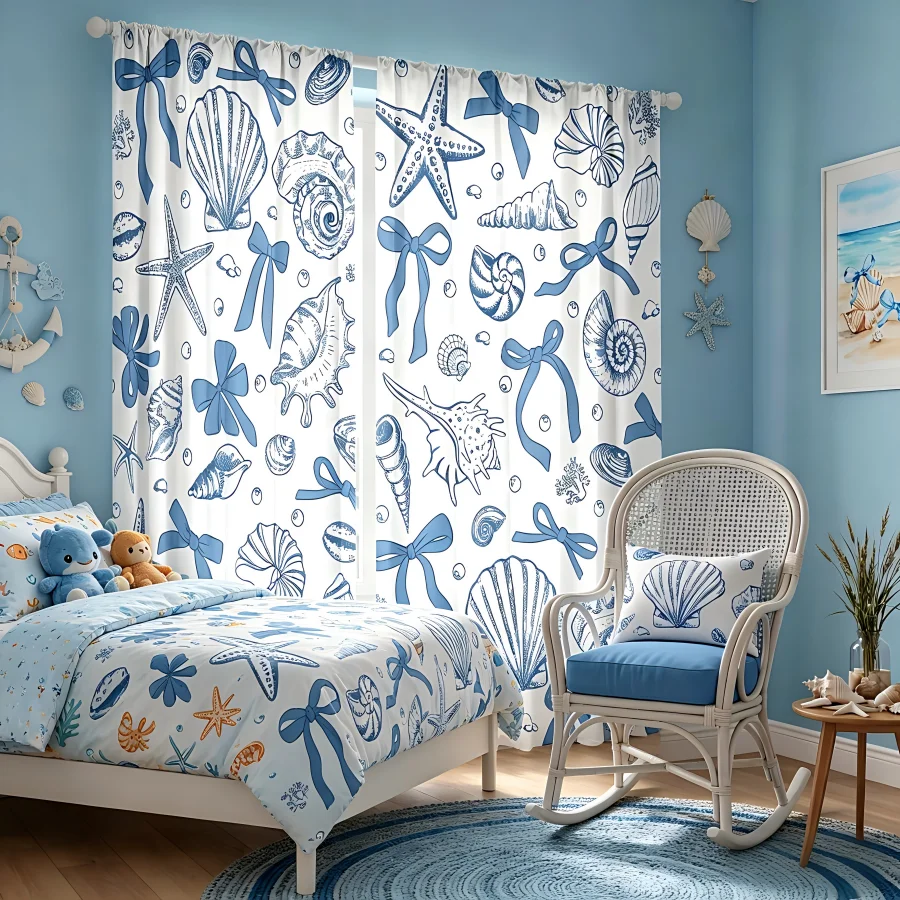 2PCS Digital Print  Curtain, Seashell Bow Tie, Bohemian Style  Curtain Panel for Home Living Room Bedroom Decor