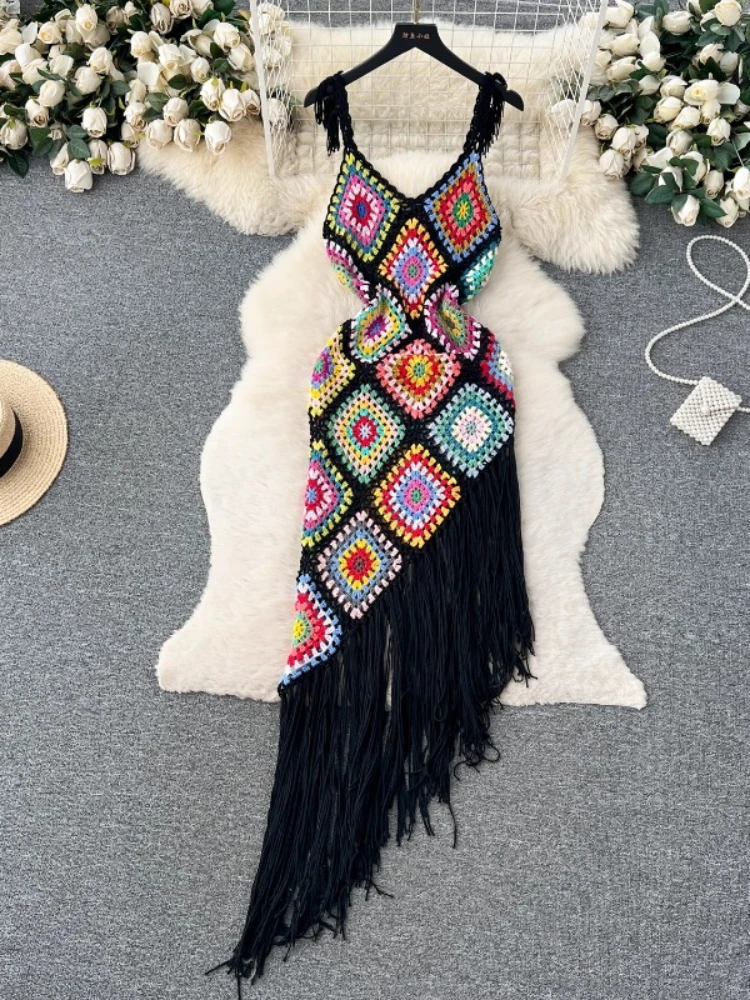 Moda damska seksowna Vintage czeski styl etniczny fałszywa impreza sukienka plażowa lato nieregularny pusty haczyk kwiat frędzle sukienki na
