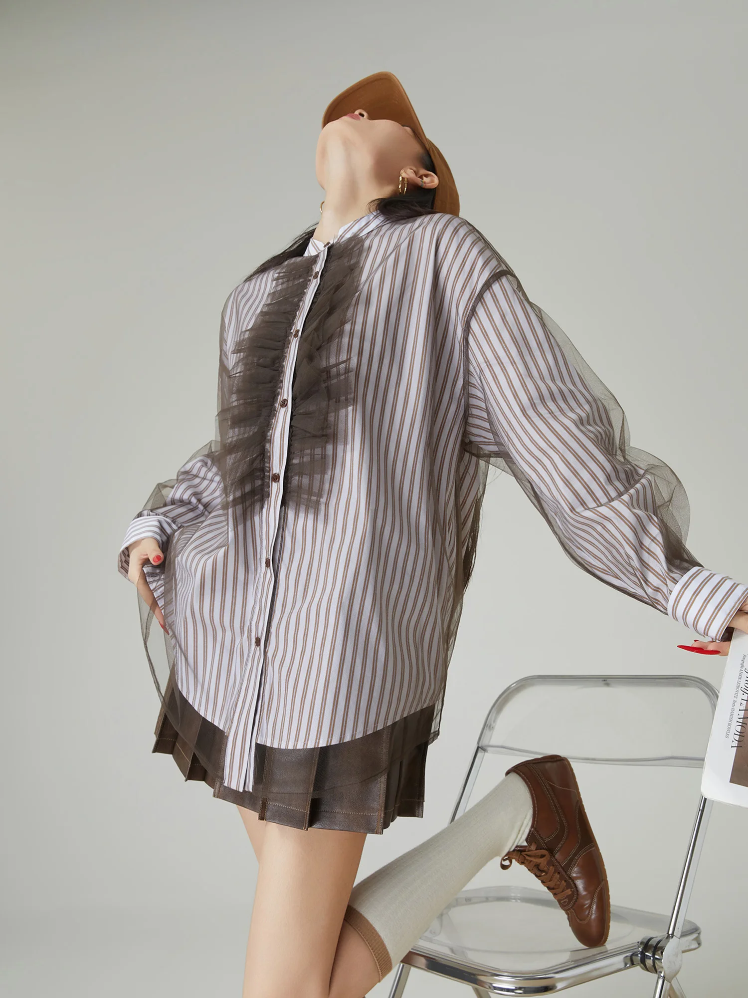 

Khaki Me Patchwork Decorative Stand Collar Striped Women's irt Loose Slimming Faionable Top Commute Sle Long Sve