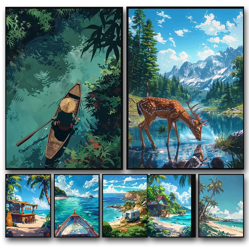 

Sea Summer Landscape Bar Anime Wall Art Poster Blue Cabin Beach Forest Diamond Painting Print Picture Living Room Modern Decor