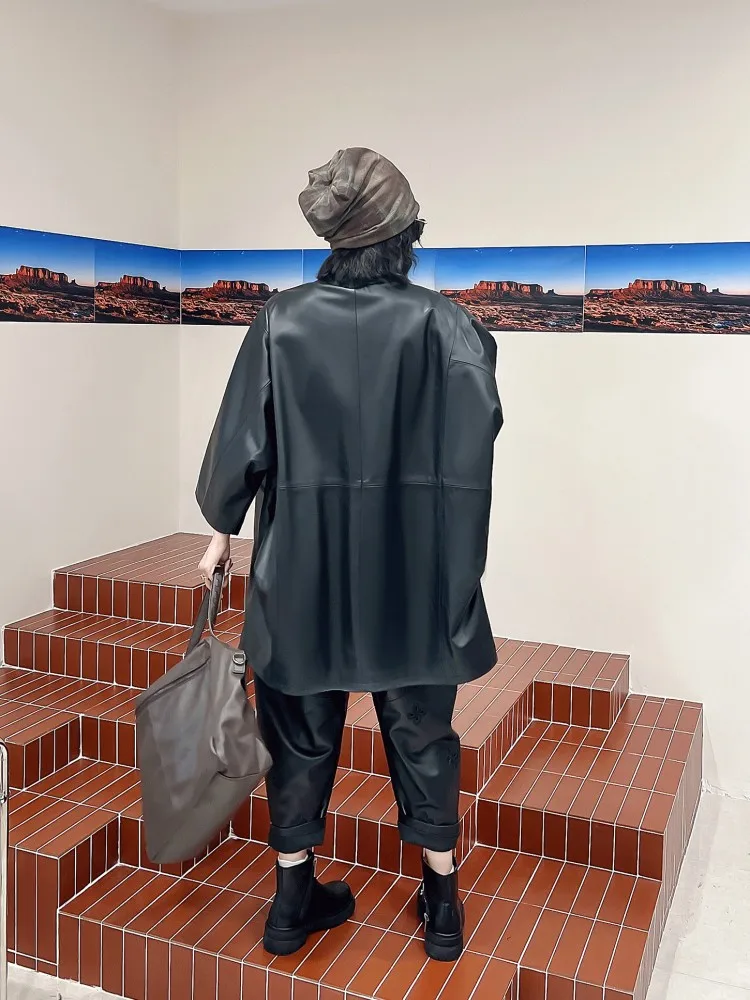Nuova giacca da donna in vera pelle Harajuku con scollo a V vestibilità ampia con bottone singolo streetwear cappotto di pelle di pecora medio lungo casual oversize