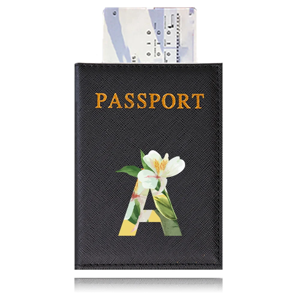 PU Leather Passport Cover Card Holder Black Color Wallet Lightweight Travel Accessories for Flight Floral Pattern Series