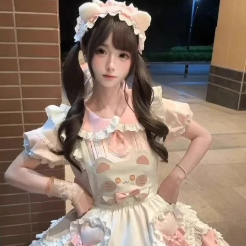 Original Heavy Industry Design Sweet Lolita ชุดสตรีใหม่สีชมพูโบว์แขนสั้นชุดสายคล้องสัตว์พิมพ์ผ้ากันเปื้อนชุดสุภาพสตรี