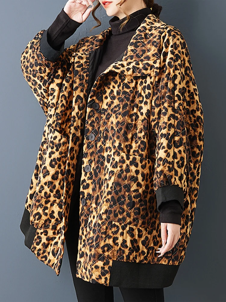 綿オーバーサイズヴィンテージヒョウ柄アウターウェア女性用コート新作長袖カジュアルルーズジャケットコート衣料品秋春2025