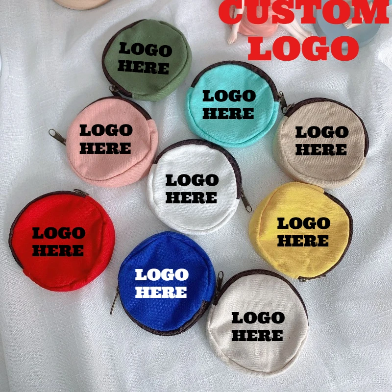 Custom Print Logo Candy Color Round Canvas Coin Purse Women Girls Creative Zipper Pouch Girl Earphone Organizer Bags