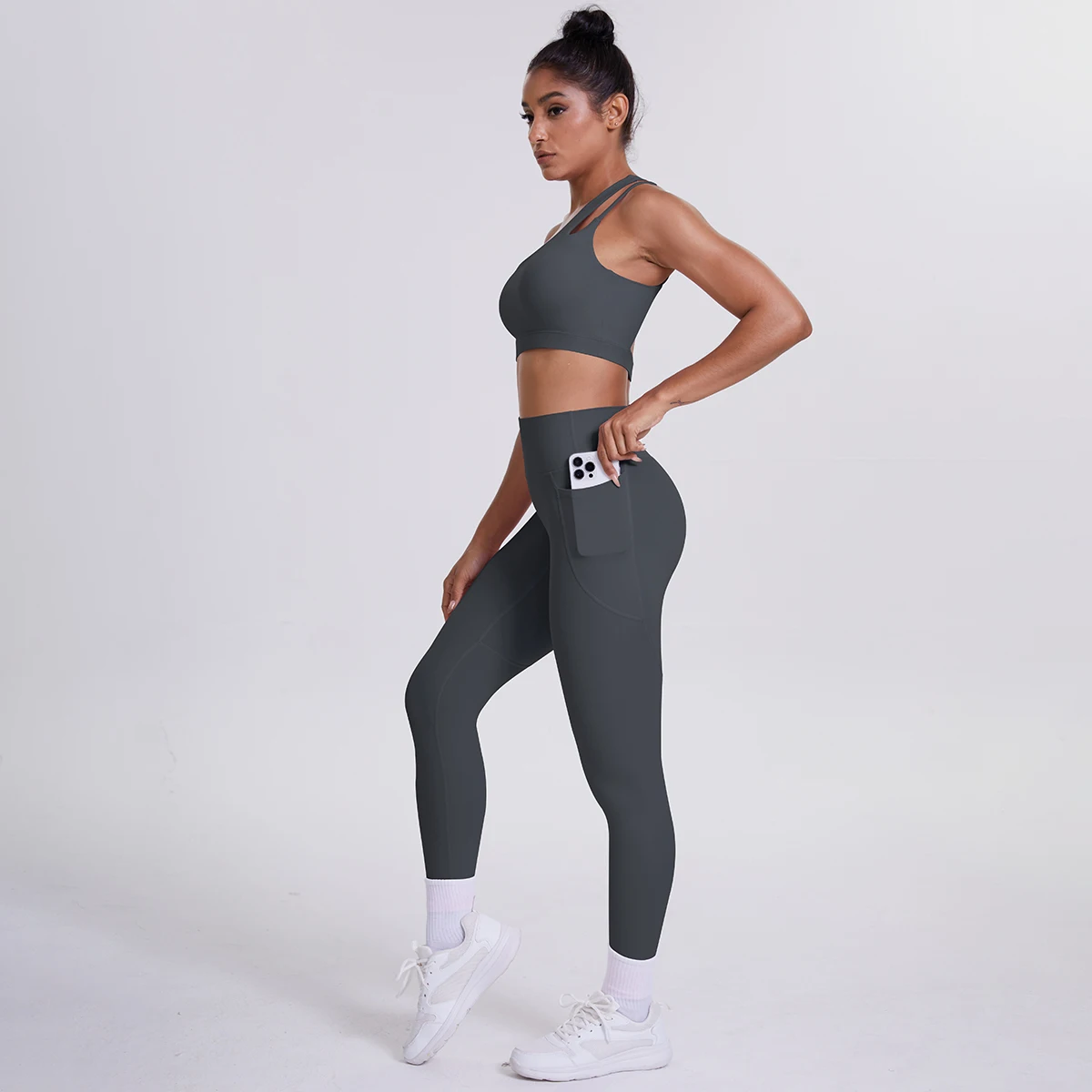 2-teiliges einfarbiges Sport-Yoga-Set für Damen, sexy, schräger Schulter-BH, Fitness-Top, Laufen, Radfahren, Taschen, Hosen, Fitnessstudio, Yoga-Set – Detail 26