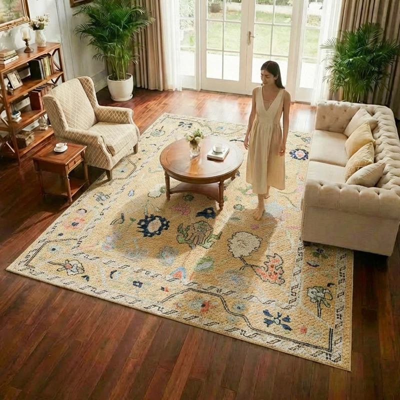 Retro Chinese Style Carpet for Living Room Yellow Handmade Wool Thick Floor Mat Persian Bedroom Rug Bedside Coffee Table Rug
