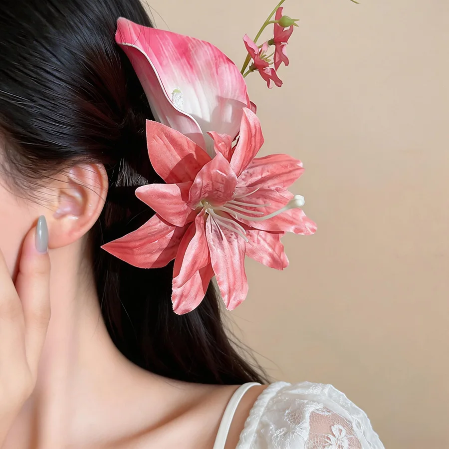 Bohemian Artificial Flower Hair Clips Women Large Romantic Calla Lily Floral Hair Barrettes Accessories Holiday Party M view 5