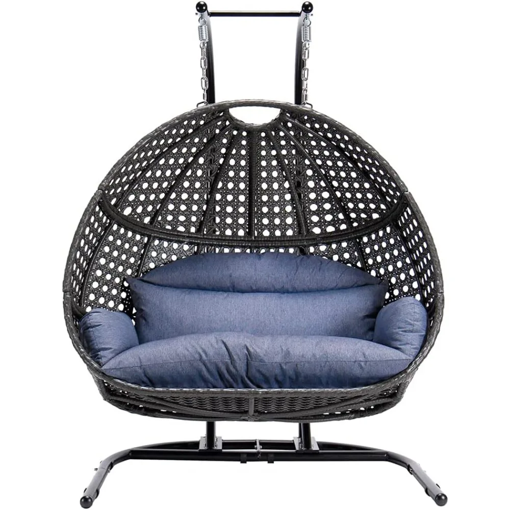 Double Egg Chair with Stand, 2 Person Heavy Duty Hanging Wicker Rattan Swinging Chair Hammock Nest Chair for Indoor Outdoor