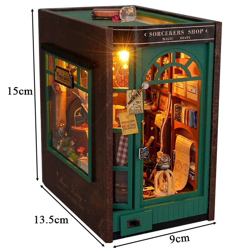 Miniatura de madeira Modelo Livro Nook, Kit DIY, Sorcerer's Shop, Casa Bookend com Luz, Diário Mágico, Estante, Home Decor, Amigos Presentes