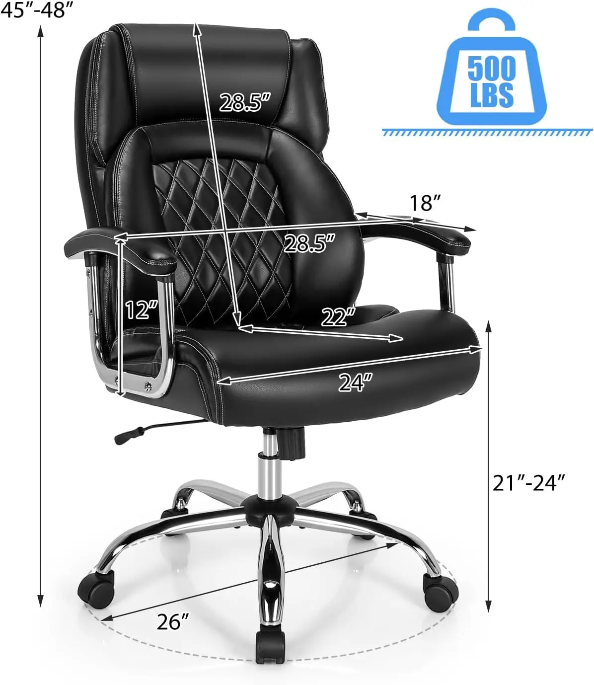 Desk Chair Adjustable PU Leather "Big & Tall" High Back "500LBS Capacity" Swivel Task Chair Black - Office Furniture for Heavy