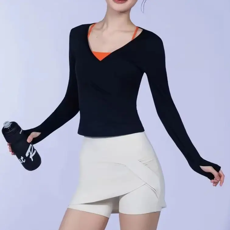 Women Cross V Neck Long Sleeve Sports Top Waist Slim Fit Quick Dry Yoga T Shirt Cover Up For Pilates Training