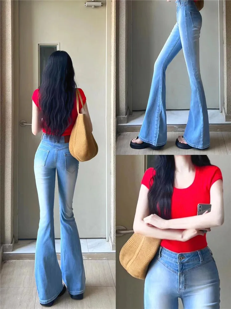 

American Retro Light Blue Bell Bottom Jeans Women Slimming Summer Thin Extended Floor Length Pants Tall Women