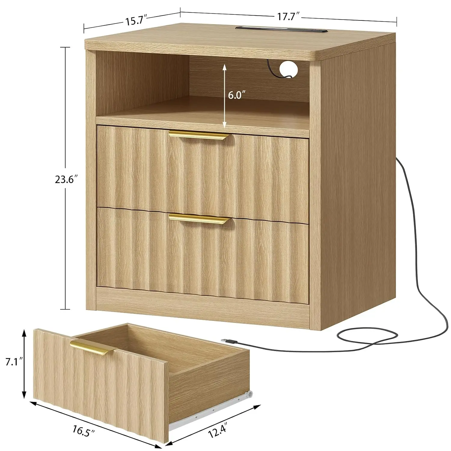 Fluted Nightstands Set of 2, Night Stand with Charging Station and LED Light, Storage Drawer and Open Shelf, Modern, Customized