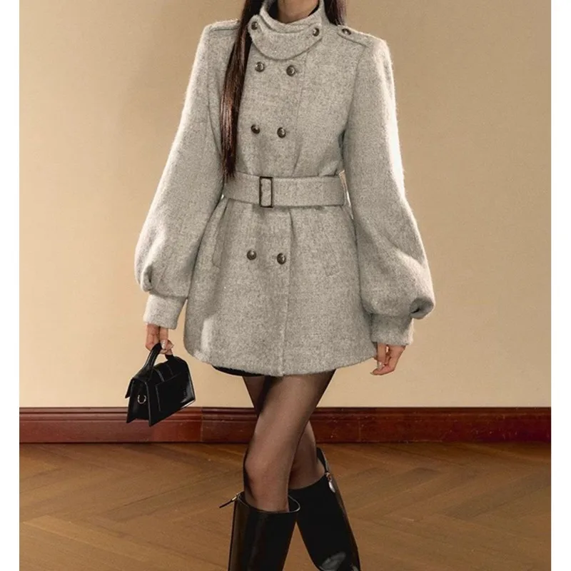 معطف صوفي كوري عالي الجودة بأكمام واسعة من الذهب للنساء لشتاء 2025 معطف صوفي مزدوج الصدر بمزاج جديد #3