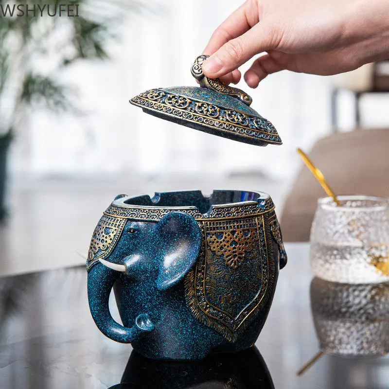 Household Elephant Ashtray Anti Fly Ash Large Covered Ashtray Desktop Chinese Style Ornaments Painted Resin Crafts Give A Gift