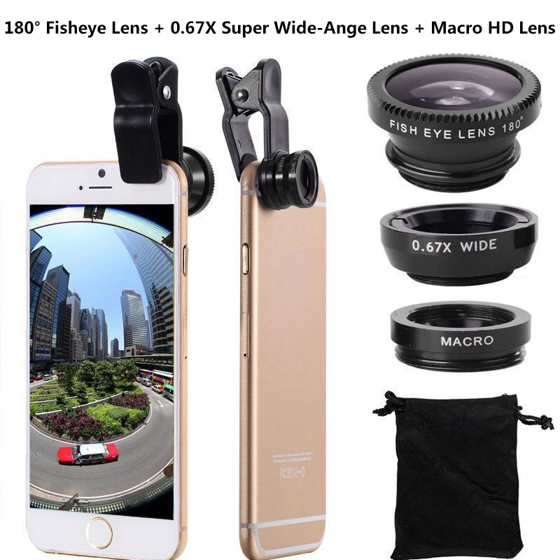 TIDOVE 3 IN 1 Macro Lens + 180° Fisheye Lens + 0.67X Super Wide-Angle Mobile Phone Lens Universal Camera Lens Clip For iPhone 15