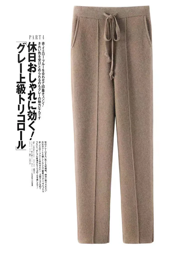 Women's 100% Pure Wool Slim Pants High Waist Autumn and Winter Cashmere Casual Knitted Pencil Pants Korean Thick Casual pants