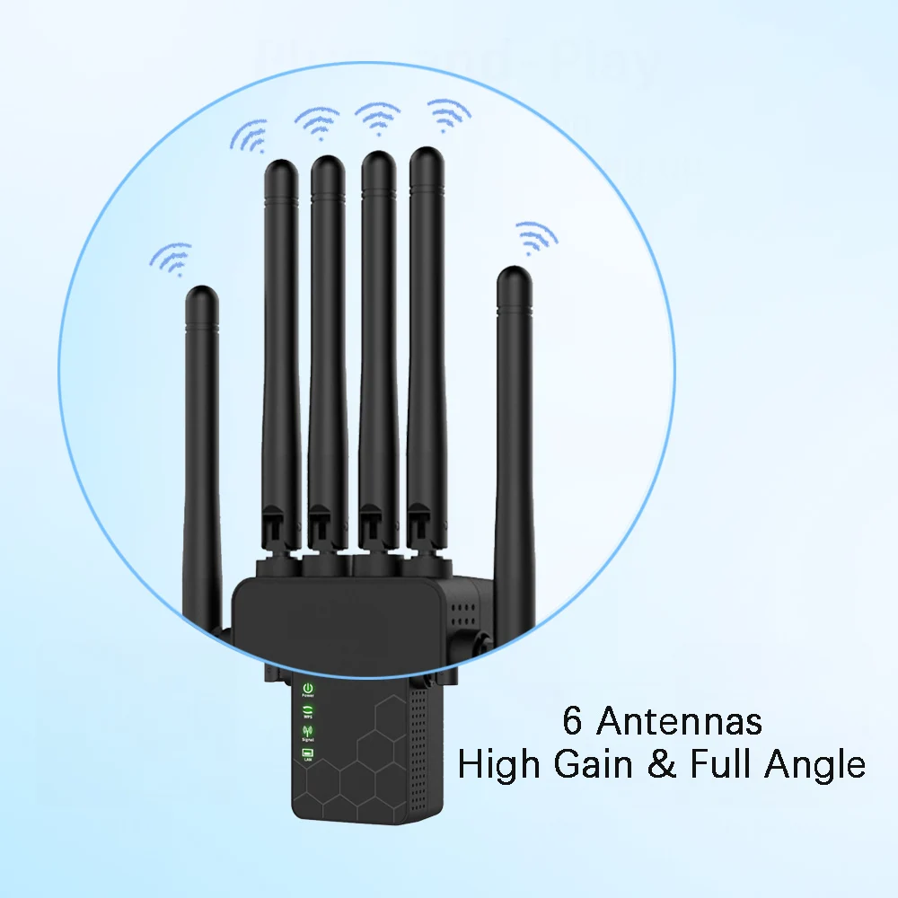 300/1200Mbps WiFi Range Extender, 2.4G/5G Booster 6 Antenna Repeater Amplifier,Signal Amplifier Wireless Range Booster