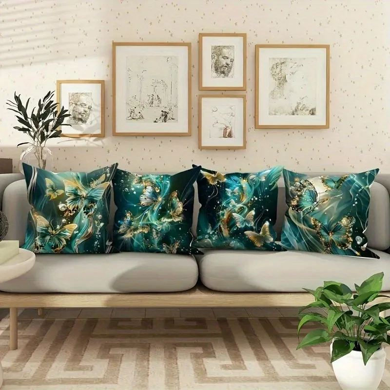 

Teal & Gold Butterfly Pillowcase: Shimmering Abstract Pattern Cushion Cover for Luxe Home Sofa Decor