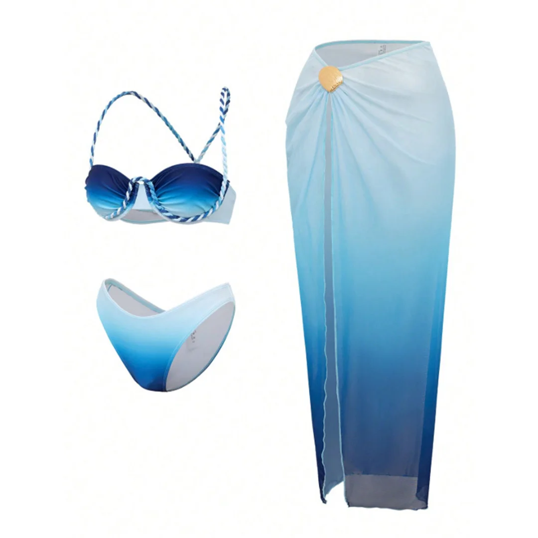 S - XL, mit Rock, Farbverlauf, Bikini, Damen-Badebekleidung, dreiteiliges Bikini-Set, gepolsterter Badeanzug, Badebekleidung, Schwimmbekleidung, V8009. – Detail 9