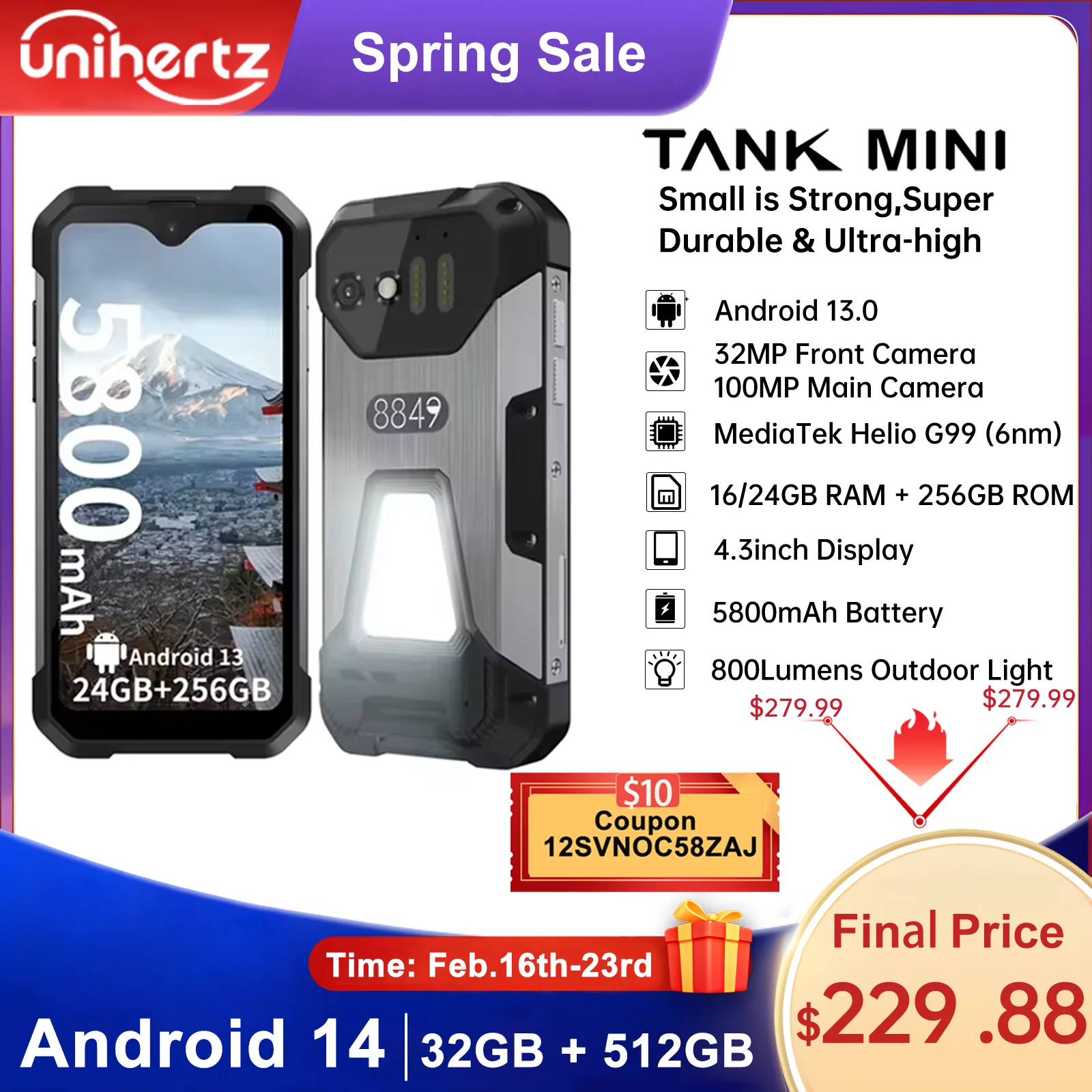 Unihertz 8849 Tank Mini robuuste smartphone 4,3 inch display Android 13 5800 mAh 24 GB 256 GB Helio G99 Octa Core 100 MP camera's IP68