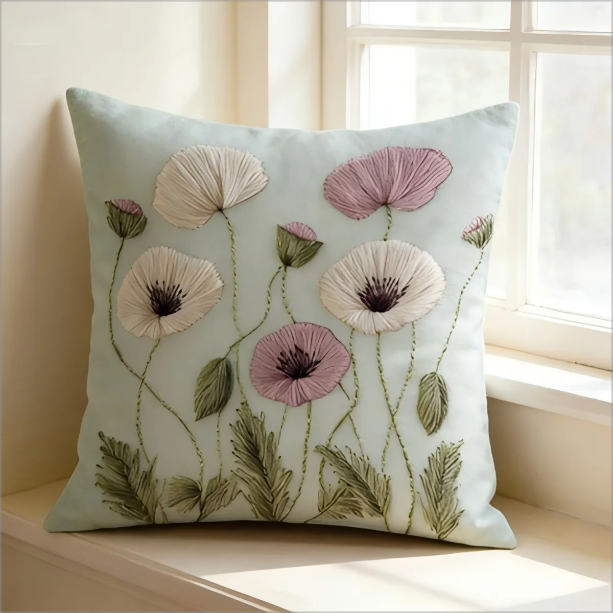 Vintage Poppy Faux Embroidery Pillow Cover Floral Botanical Cushion Case Boho Cottagecore Home Decor for Flower Lovers Gift