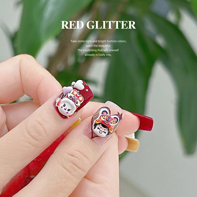 20PCS New Year Cute Lion Dance Nail Art Decor Stereoscopic Mixed Loading Decoration Nail Patches