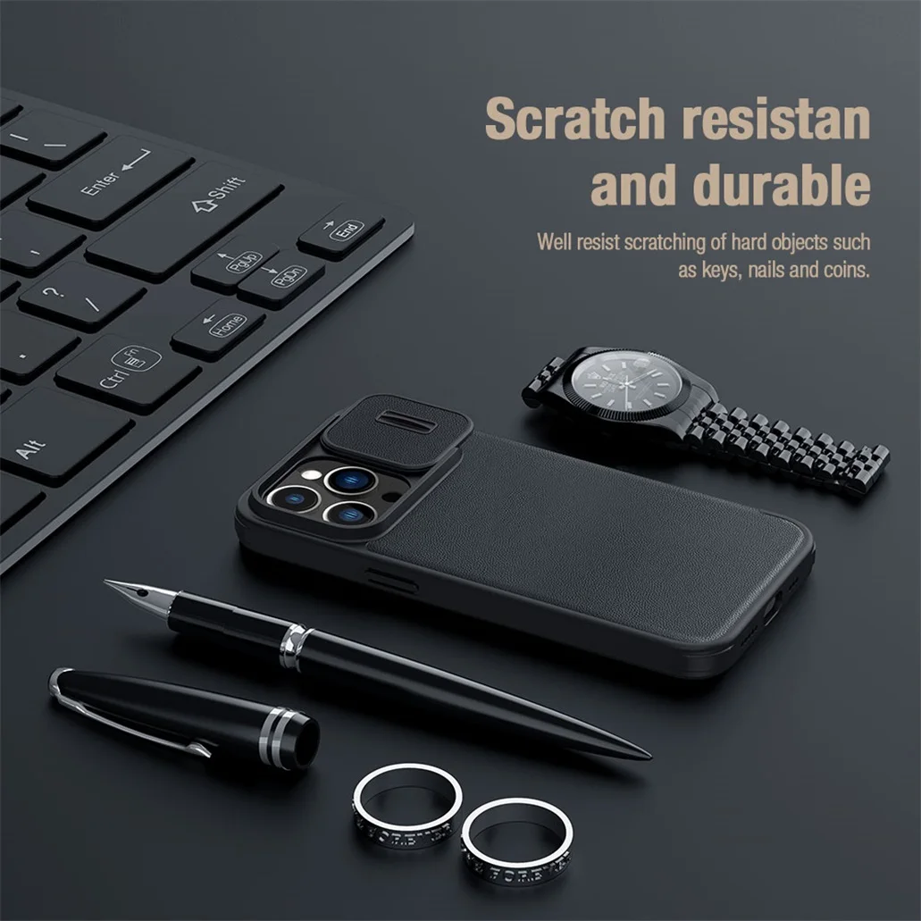 Etui z klapką do iPhone 14 Pro Max Nillkin Qin, skórzane etui z tkaniny, etui z przesuwaną klapką na aparat do iPhone 14 Pro / 14 Plus — zdjęcie produktu 4