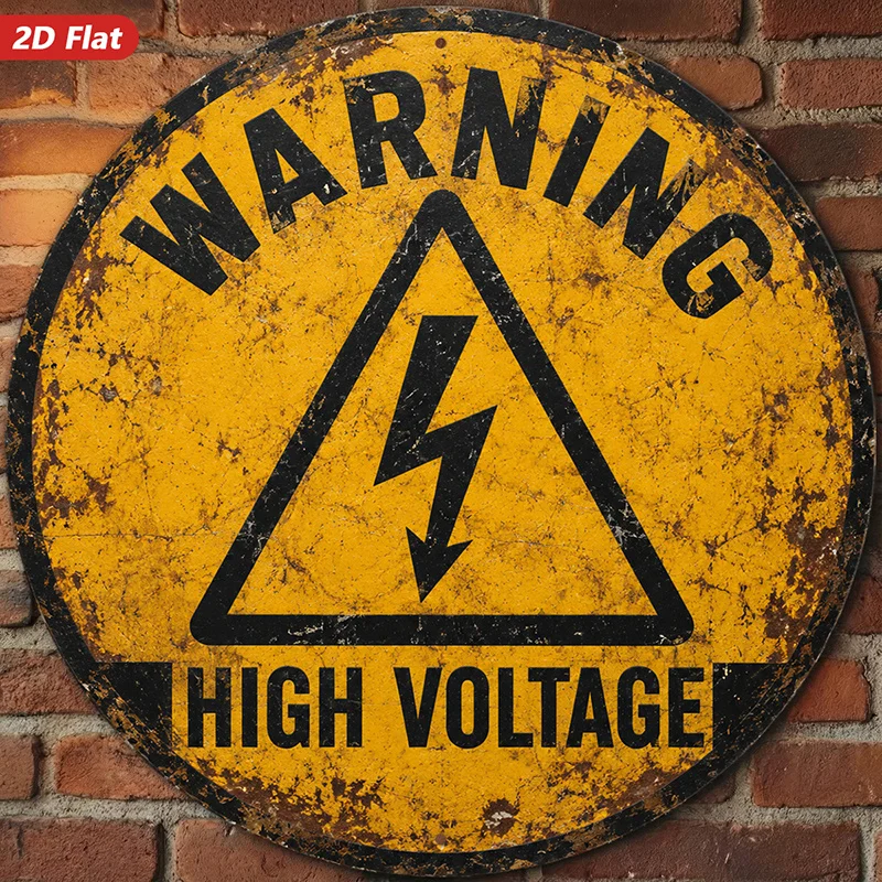 2D Flat, 1pc Electrical Warning Sign Round Metal Sign Wall Art, Warning Text, High Voltage Message, Lightning Bolt Symbol, Home