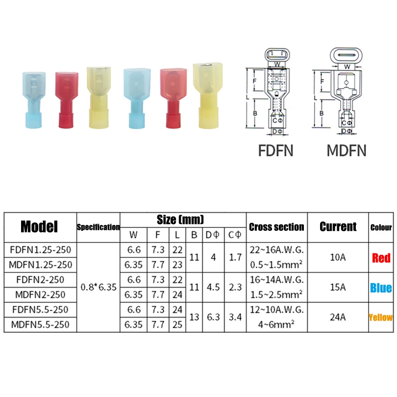 REALLY 100pcs Male and Female Nylon Electrical Wiring Connector Insulated Crimp Terminal Spade Red Blue Yellow MDFN FDFN