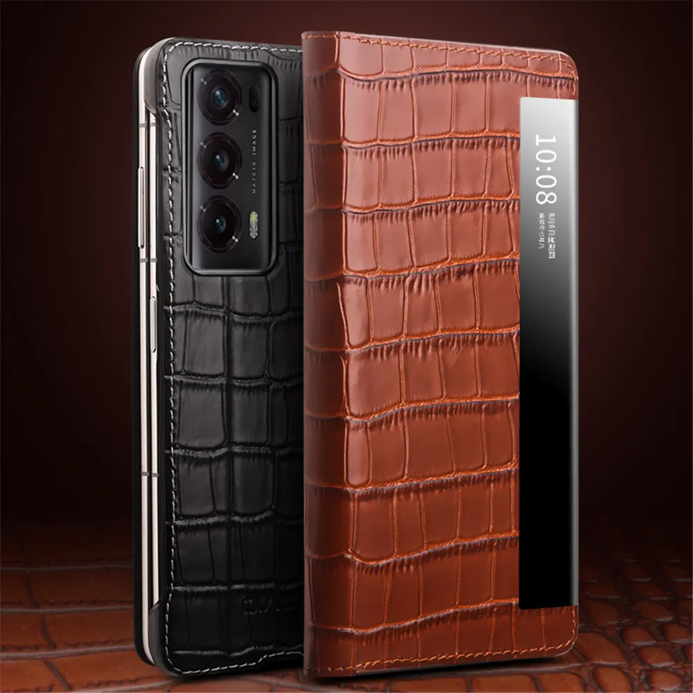 Genuine Cowhide Leather Crocodile  Magnetic Flip Case for Honor Magic V2 Window View Holder Cover