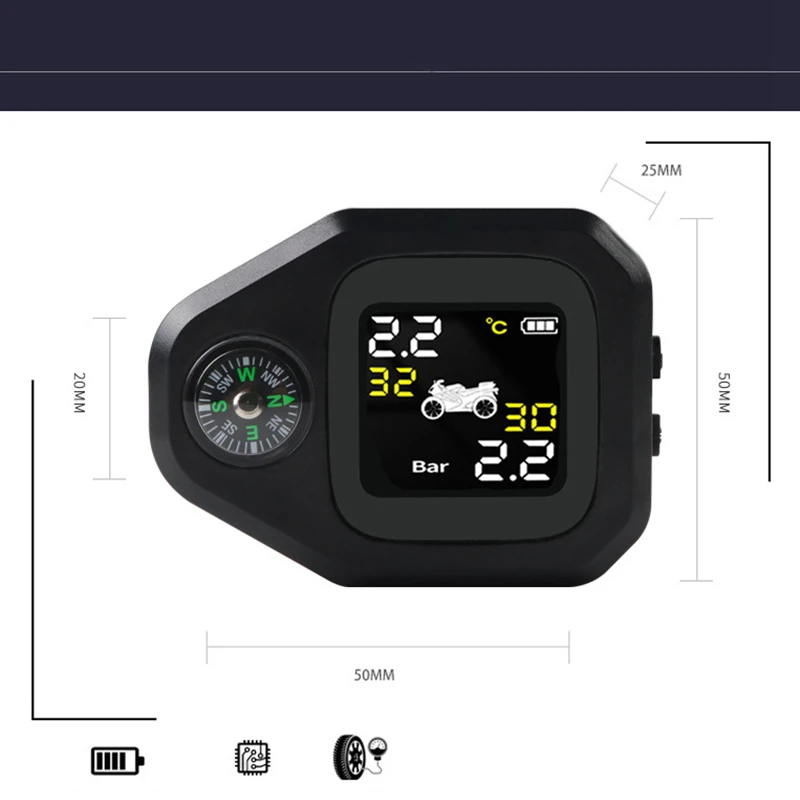 Waterproof Motorcycle Real Time Tire Pressure Monitoring System TPMS Wireless LCD Display External Sensors With Compass