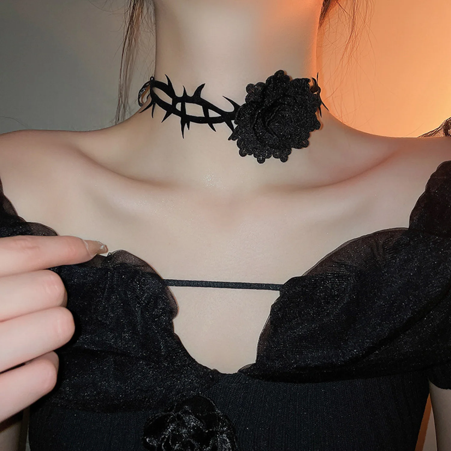 Red Black Rose Flower Choker Necklace For Women Gothic Velvet Collar Necklace Adjustable Long Chain Punk Dark Lolita Jewelry
