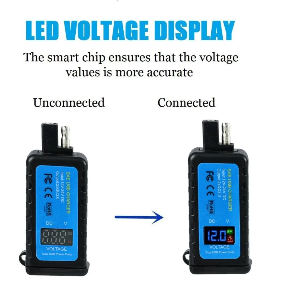 4.2A Motorcycle USB Charger SAE to USB QC3.0 SAE Extension Cable Voltmeter ON/Off Switch Waterproof Quick Disconnect Plug