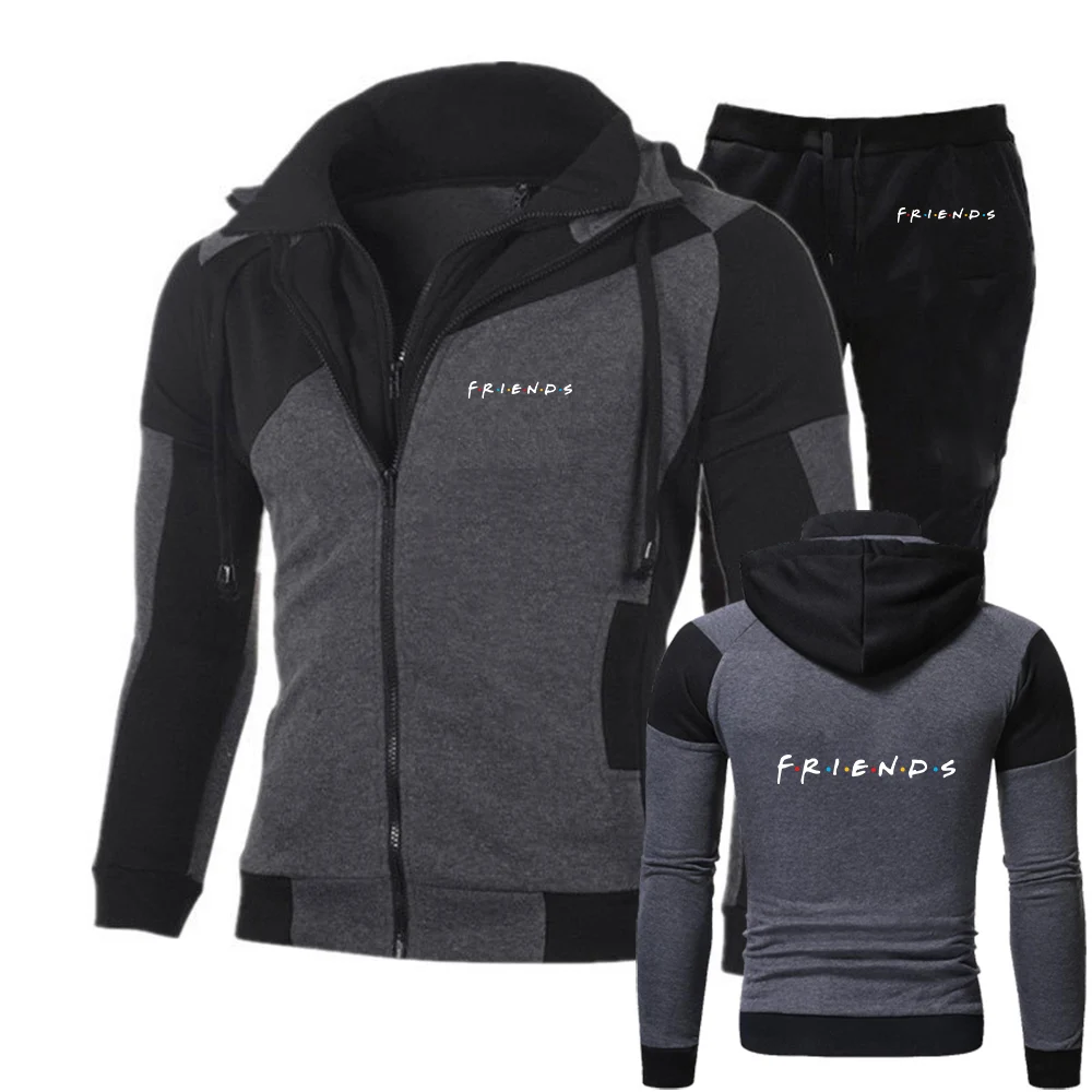

Friends Tv Show Logo Print 2026 Spring And Autumn Men's Fashion Patchwork Multiple Zippers Personality Hoodies Pants Suits