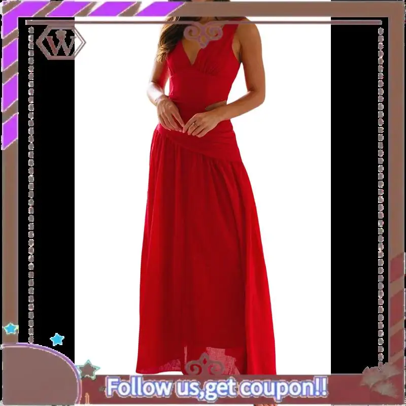 A95D-レディースロングドロップウエストルーシュサマードレス、流れるようなVネックカットアウトプリーツレディースドレス