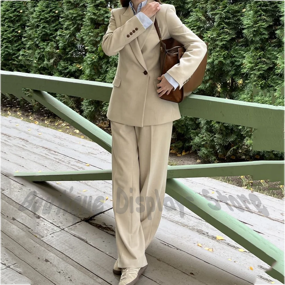 

High Quality Women's Suit Beige Peaked Lapel Single Button Jacket Pants Simple Fashion Casual Outfit Daily Office Blazer Set