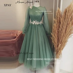 XPAY Modest Muslim Arabic Women Sage Green Tulle Prom Dresses Long Sleeves Jewel Neck Ankle Length Evening Gowns Applique Belt