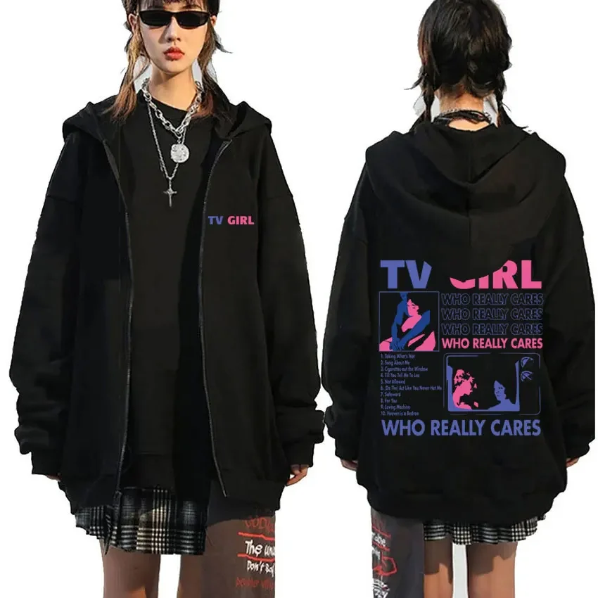 TV Girl Who Really Cares Graphic Print Zipper Hoodie Men Women Fashion Oversized Zip Up Jacket y2k clothes Fleece Sweatshirts