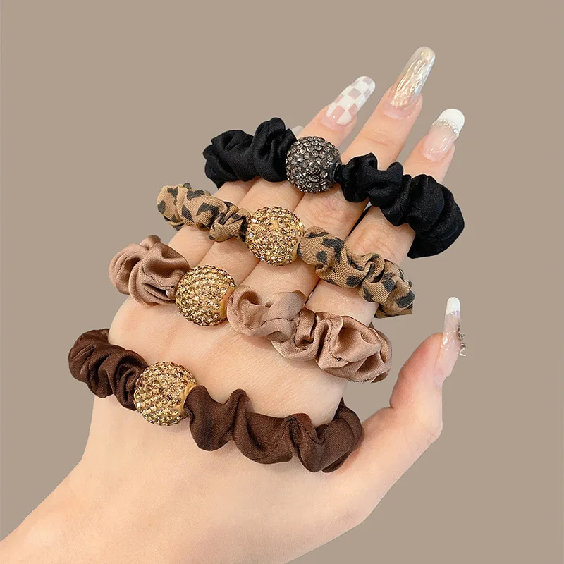 Fashion Summer Rhinestone Ball Leopard Scrunchie Women Simple Elegant Elastic Rubber Band Ponytail Holder Hair Tie