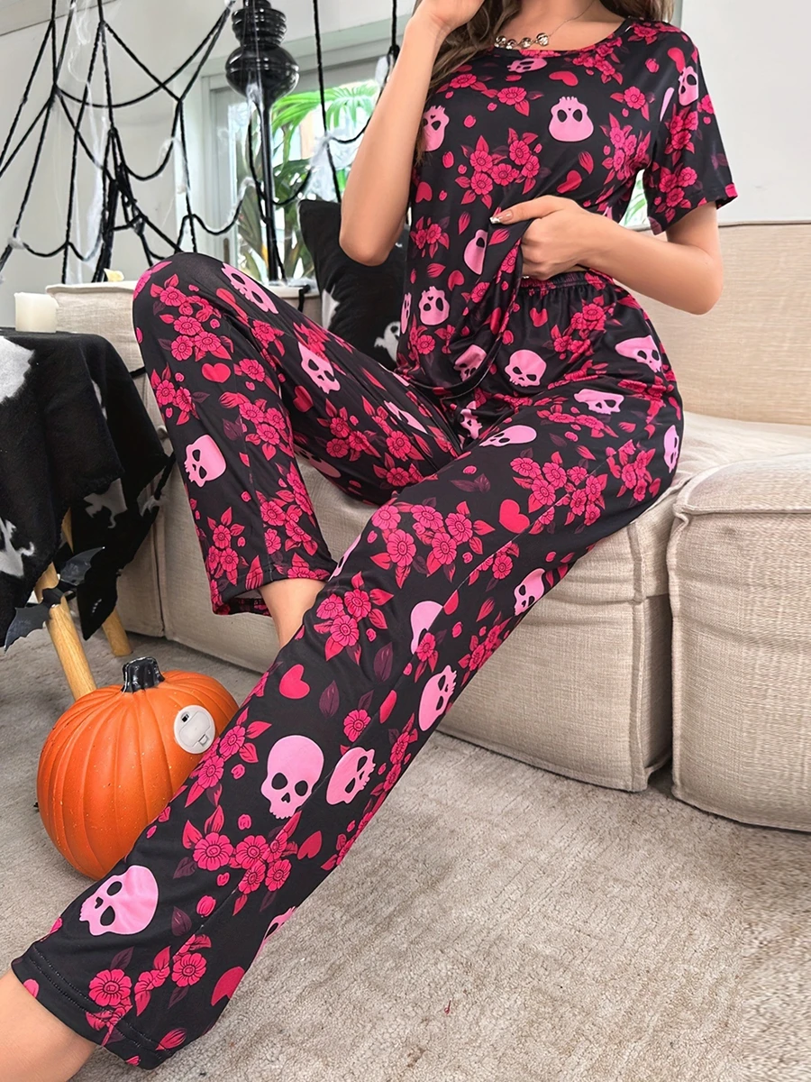 Women’s Halloween Pajama Set Long Sleeve Skull Floral Print Tops and Pants Set Oversized Loungewear Home Suits