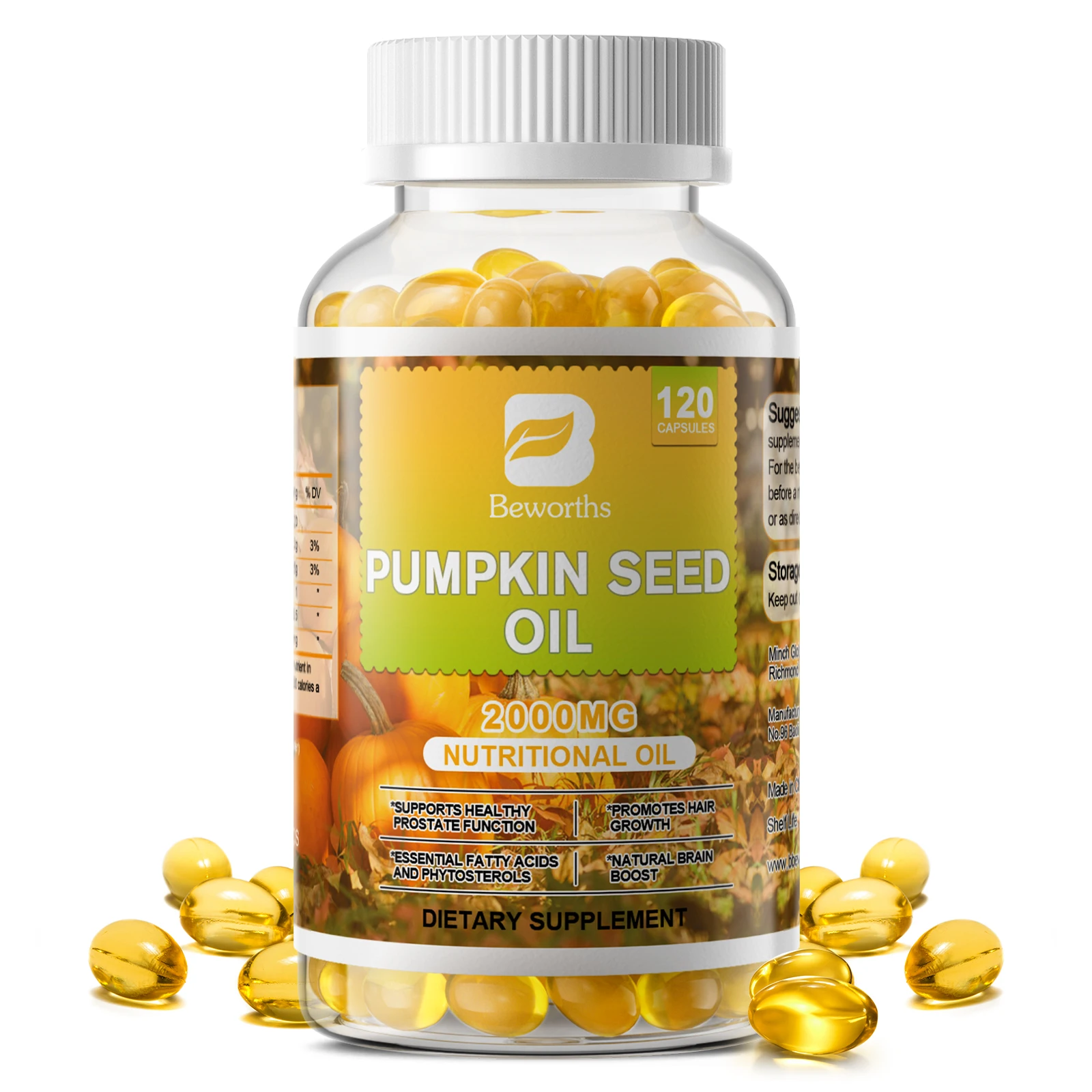 

BEWORTHS Pumpkin Seed Oil Capsules for Brain Boost Prostate Urinary Function &Cardiovascular Health Hair Growth Boost Metabolism