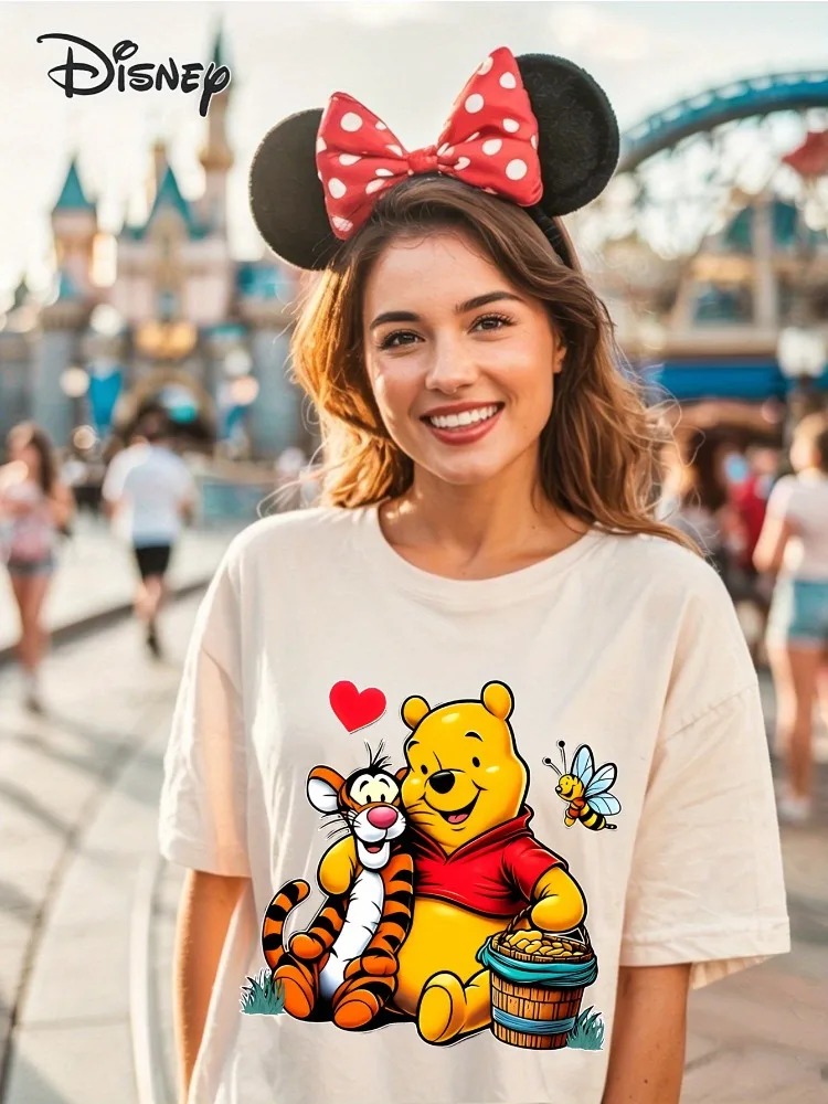 Disney Winnie l'ourson et la tigrou femmes coton col rond T-Shirt à la mode décontracté Resort porter chemise de grande taille