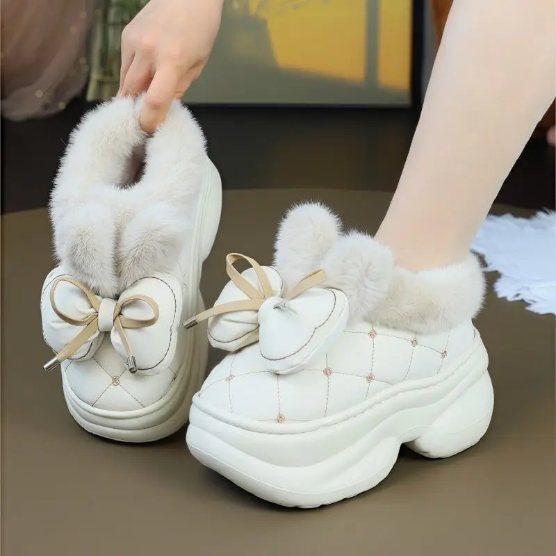 

Girls fluffy high 8cm slippers home woman indoor bowtie deco floor shoes 2026 new stylish flat mules thick bottom female shoes