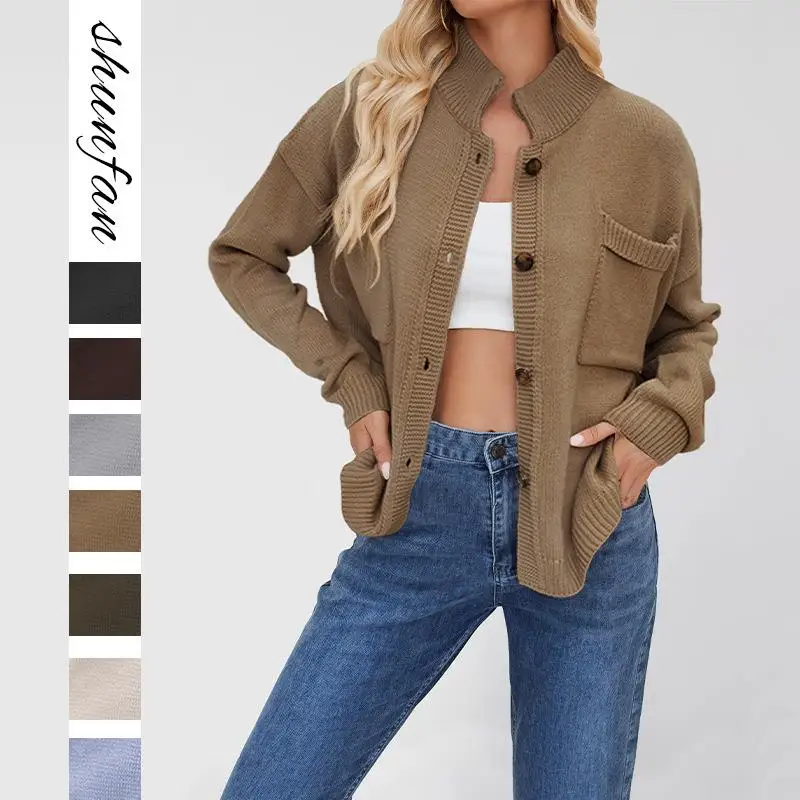 

New 2025 Knitted Outerwear Button up Stand Collar Large Size Sweater Cardigan Thiened Long Sve Color Polyester