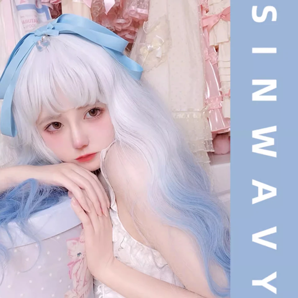 Synthetic Lolita Long Curly Hair Wig White And Blue Gradient Wool Roll Daily Party Long Curly Hair