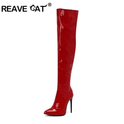 REAVE CAT Sexy Stiletto 12cm High Heel Over Knee Boots Leather Party Big Size 45 46 47 48 US15 US16 US17 Black Yellow Purple